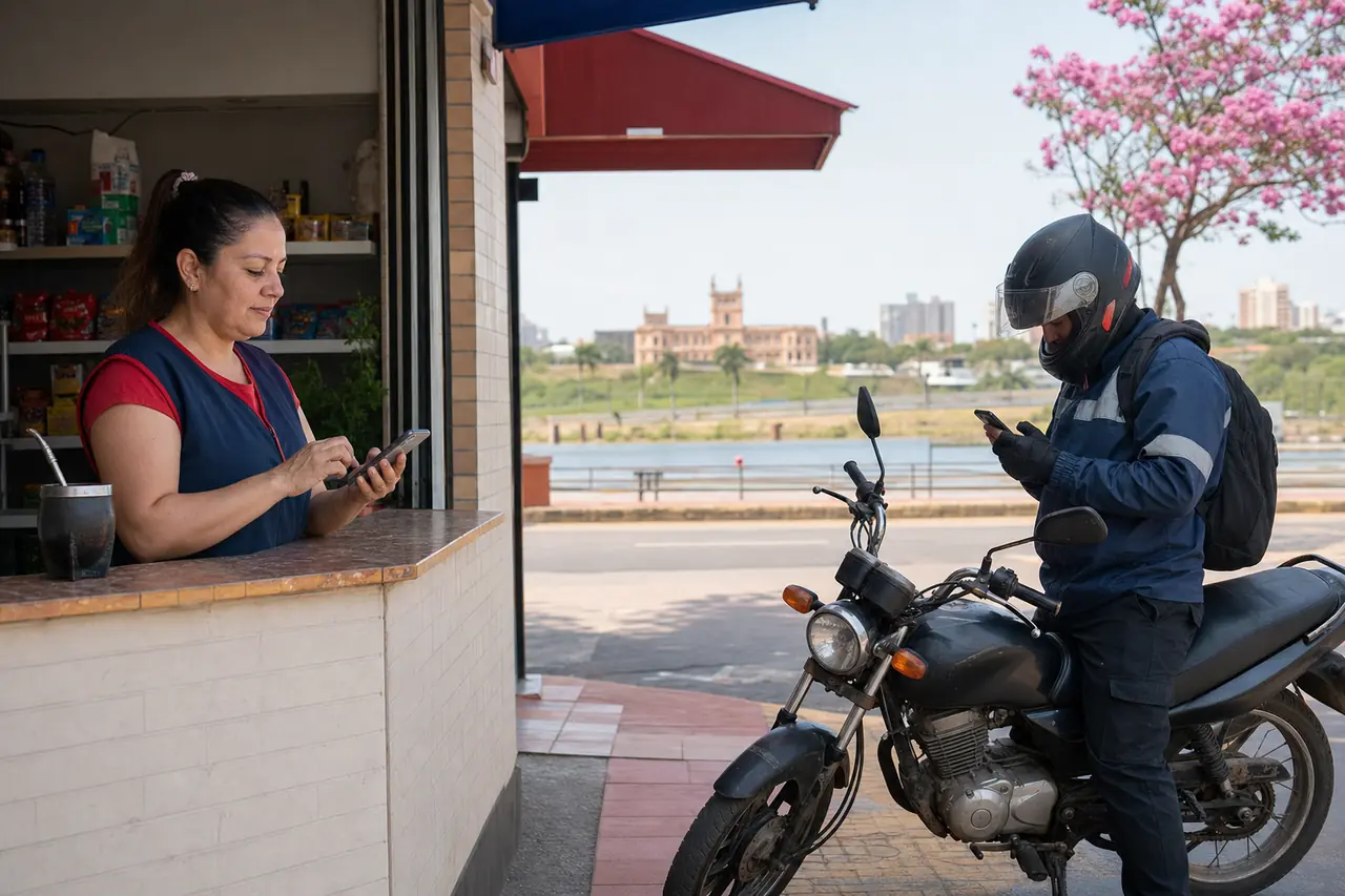 Comerciante en una tienda y profesional con una moto urbana común, en una escena inspirada en el área metropolitana de Asunción